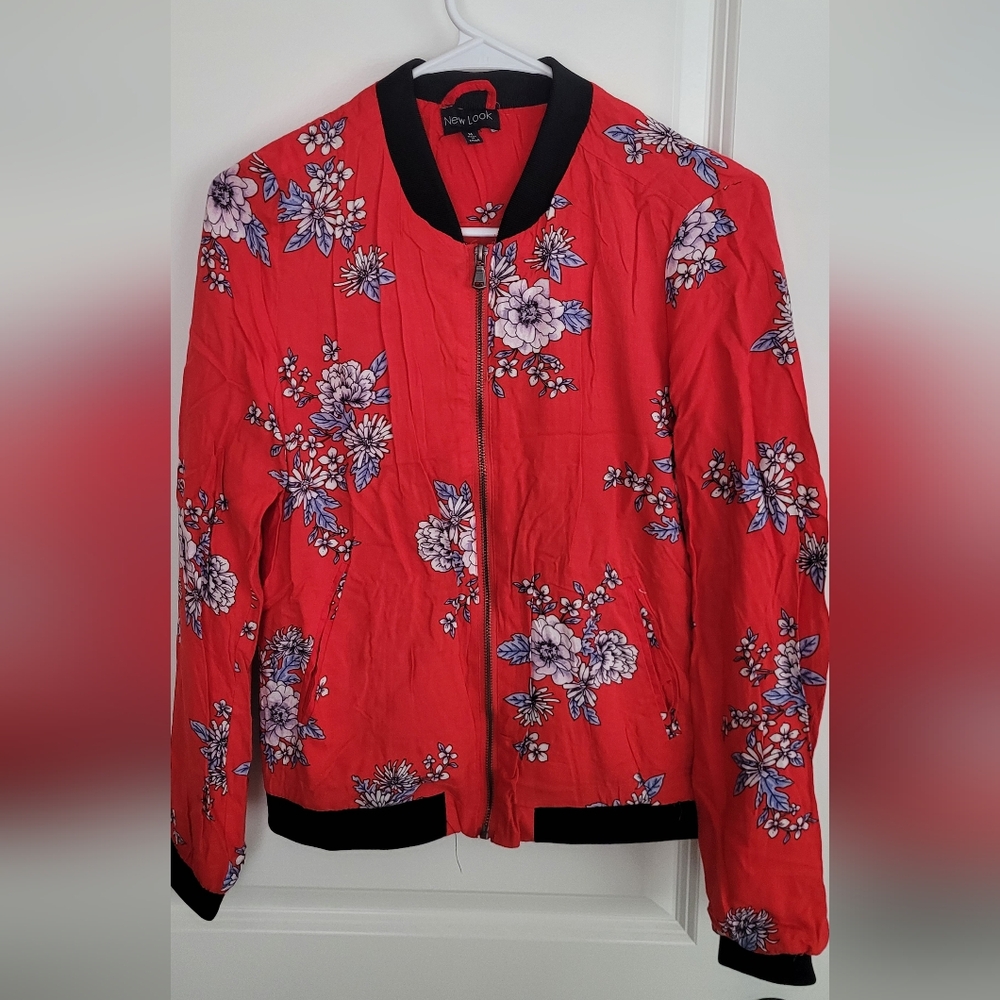 New Look Red and Black Bomber Jacket with Floral Print